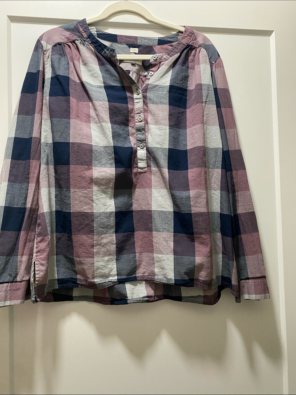 LOFT Pink, Navy & White Plaid Button Popover Top